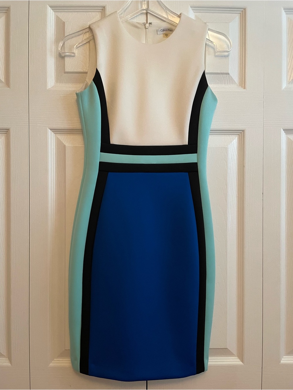 Calvin Klein Sleeveless Colorblock Sheath Dress - White, Blue & Teal - Petite 2P - Picture 2 of 7